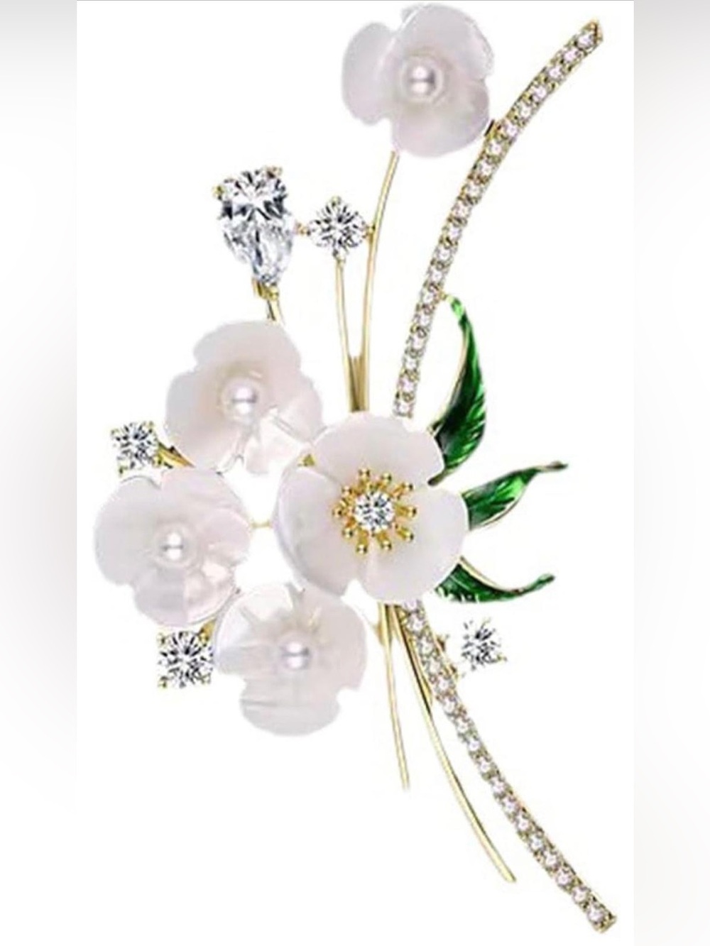 Anthropologie White Pearl Floral Brooch with Green Enamel Leaves